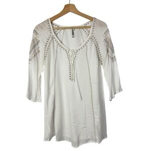 Monoreno White Embroidered Tie Neck Long Sleeve S